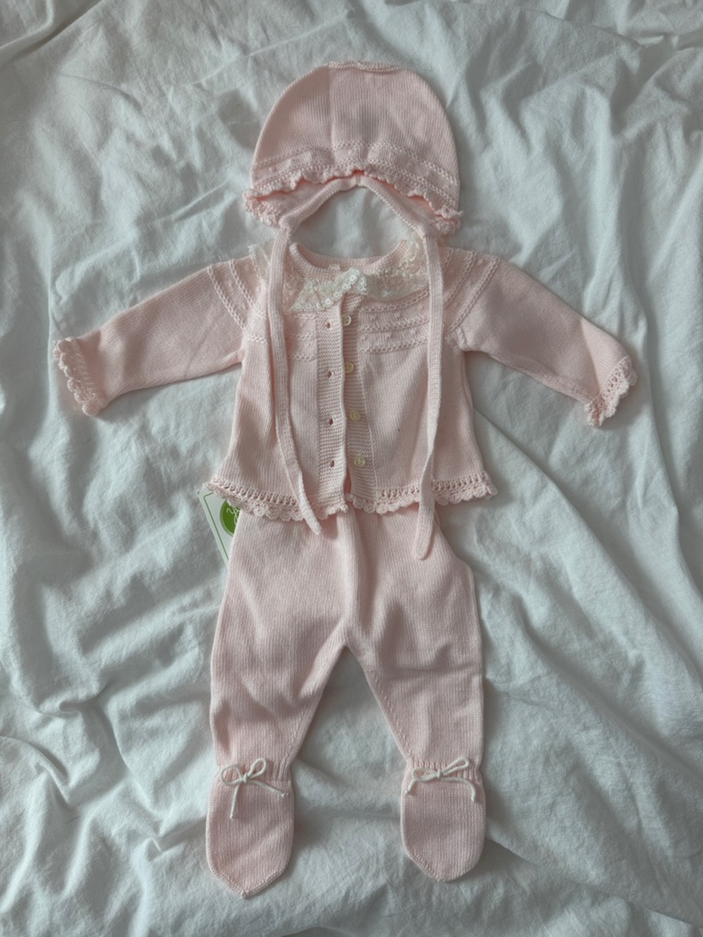 Delicate Pink Knit Baby Footie Set with Bonnet